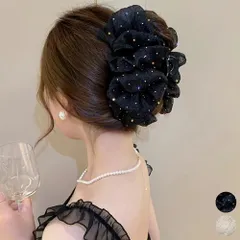 バンスクリップ レディース 春夏秋冬 シュシュ風 大きめ ヘアアクセ 髪留め ヘアクリップ ポリエステル ドット柄 キラキラ 上品 大人 黒
