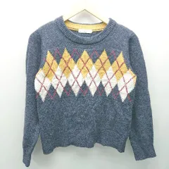 ◇ Samansa Mos2 blue ラウンドネック チェック 細身 長袖 ニット サイズM ネイビー レディース E  【1308160034811】