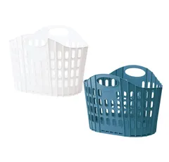 ホワイト&ブルー_2個組 セイエイ 【折りたためるランドリーバスケット ブルー&ホワイト2個組】 洗濯かご ランドリーバッグ 収納バスケット 脱衣かご 防水 折りたたみ 取っ手付き 55×38×39cm 120330