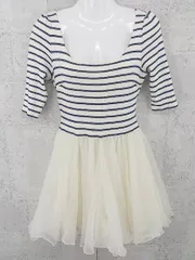 ◇ snidel スナイデル ボーダー チュール 五分袖 膝丈 ワンピース サイズFREE ネイビー ホワイト *  【1002800923540】