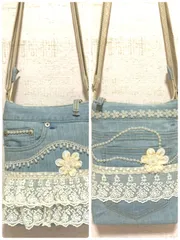 【ハンドメイド】 レースとビーズの可愛いバッグ  デニムジーンズ  リメイク  ショルダーバッグ  No.38