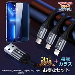 充電ケーブル 3in1 保護ガラス セット  Micro Type-C
