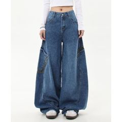 デニム ロングパンツ バレルレッグ レオパード ジーンズ ジーパン レディース 韓国ファッション カーブパンツ ストリート ダンス 衣装 かっこいい デニムパンツレディース 3L パンツ 大人 女の子 バイク バギー ウエスト 太め 極太
