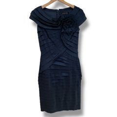 TADASHI SHOJI タダシショージ ティアードコサージュミディアムドレス CY70358M コサージュ プリーツ ドレープ パーティ フォーマル ネイビー 紺 サイズ2 レディース 夏 ゴーゴー古着セントラルパーク名古屋店NO.779