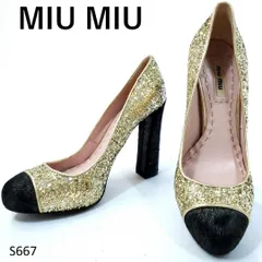 ミュウミュウ　グリッターパンプス　ハイヒール　チャンキーヒール　バイカラー