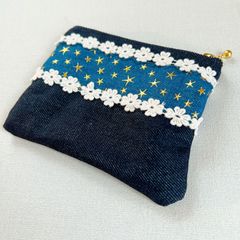 ☆ハンドメイド☆デニム☆インド刺繍リボン☆ミニポーチ☆