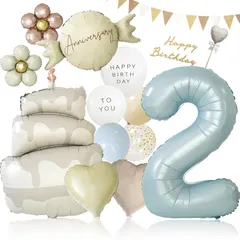 【新品】 deerzon くすみブルー 2歳 くすみカラー 数字 バルーン 誕生日 飾り付け 18点 セット 大きい 65cm くすみ ニュアンスカラー ナンバーバルーン バースデー セット2 0
