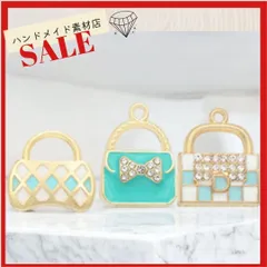 【3個・グリーン】緑ハンドバッグ カバン 鞄 格子柄 チェック柄 ストーン リボン チャーム ゴールド 素材 資材 デコパーツ アクセサリー制作に