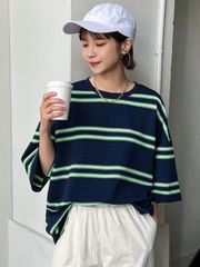 レディース夏用 ラウンドネック ドロップショルダー ルーズ ストライプTシャツ オーバーサイズTシャツ