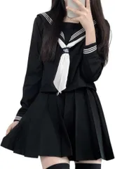 Kanoan セーラー服 長袖 紺色 茶色 コーヒー 白 ３本ライン 学生服 前開き プリーツスカート 女子高校 制服 可愛い コスプレ 蝶結び リボン JK 上下セット ３点セット(ネイビー,  XL)