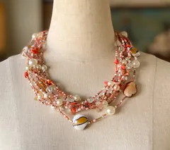 2st61 ヴィンテージ ビーズ パール 貝装飾 珊瑚 ネックレス 整理品 - メルカリ