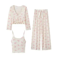 【新品】 [PHOLEEY] パジャマ レディース 3点セット 春秋 ルームウェア カーディガン＋キャミソール＋パンツ ノーブラ安心 内蔵カップ付き 可愛い 大人 1