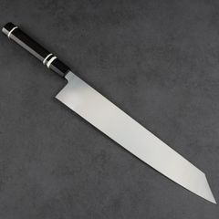 6254切付型 特大牛刀 尺一 刺身包丁 両刃 黒檀黒水牛角二本銀巻八角柄