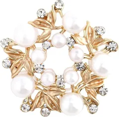Miaomyao ミャオミャオ ブローチ キュービックジルコニア パール フラワー リース 桜 花 リーフ ゴールド アクセサリー レディース ジュエリー ポーチ セット(ゴールド,  小さめ)