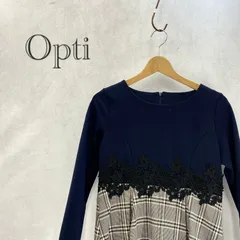 未使用 Opti オプティ 8061305 切り替えし 長袖 ワンピース チェック レース ネイビー 2 レディース