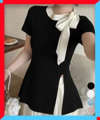 新品 リボン付きニットトップス レディース サイドスリット ニットソー 通勤服 着やせ 夏服 韓国風 無地 【送料無料】