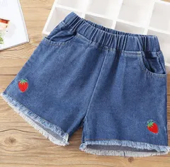 ブルー/ホワイト 子供服 女の子 デニム ショートパンツ 子供 デニム 女の子 キッズ ショートパンツ カットオフデニム フリンジデニム