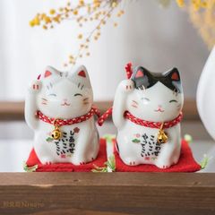 2点セット 薬師窯 彩絵福招き猫可愛い 雑貨 おしゃれ 飾り 玄関飾り