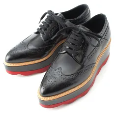 プラダ レザー 厚底 プラットフォーム ウィングチップ レースアップ ドレスシューズ ブラック 37【中古】