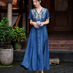 夏新作 ガウンワンピース レディースワンピース デニムワンピース 刺繍ワンピース 藤の花 刺繍 花柄 ボタニカル Vネック 半袖 ロングワンピース 前開きボタン きれいめ 大人かわいい 30代 40代 50代 ブルー M-2XL 大きいサイズ