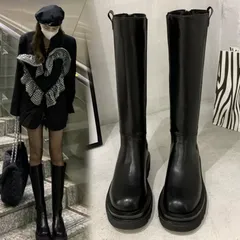 トレンド サイドゴア 厚底 後ファスナー ロングブーツ 膝下 韓国