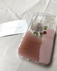 iPhoneケース　ハンドメイド　ニュアンス　フラワー　ピンク　紫　ゴールド