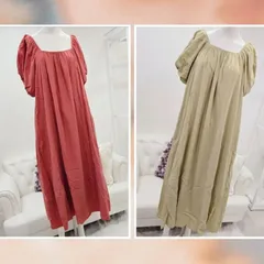 パフスリーブワンピース　ピンク　グリーン　ロングワンピース　韓国風　韓国ファッション