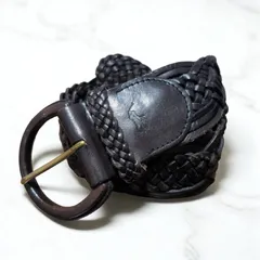 RALPH LAUREN ラルフローレン レザーメッシュベルト 編み込み ダークブラウン ヴィンテージ感 型押し ホースロゴ 全長約110cm 幅約5cm