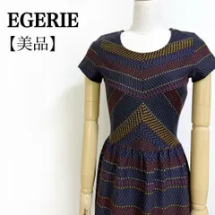 EGERIE エジェリ フランス製 幾何学柄 切替デザイン ワンピース M相当 ネイビー系 ストレッチ きれいめ 大人ワンピース