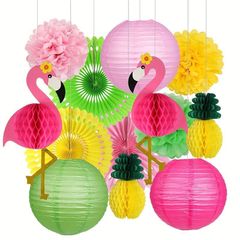 吊り下げ装飾 紙製 紙ランタン ピンクのフラミンゴ パイナップル ボンボン ティッシュポムポム 花のブーケ ハワイアン ビーチパーティー 誕