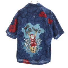 TOES ON THE NOSE トーズオンザノーズ 90s USA製 オールド バック サンタプリント ハイビスカス柄 半袖 開襟 アロハシャツ S ネイビー メンズ 古着