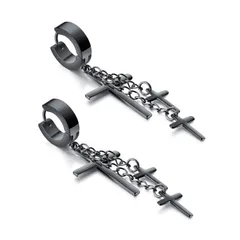 【人気商品】メンズ 黒 ピアス ブラック ステンレス シンプル 十字架 クロス 人気 揺れる フープピアス ブランド シンプル 男女兼用 ジュエリー アンティーク風 誕生日 Rockyu 人気 プレゼント