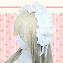 ハンドメイド　ヘッドドレス　細め　ホワイト　リボン　バラ　白　フリル　編み物