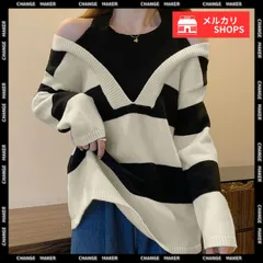 ボーダー柄 ニットトップス オフショルダー	肩開き ニット プルオーバー レディース レイヤード風 ニットセーター 重ね着風 肌見せ トップス バイカラー 肩出し 長袖 着回し ニットソー 体型カバー クルーネック ブラック グリーン 85YN-900526