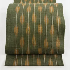 【美品】 名古屋帯 秀品 トンネル仕立て 縞 幾何学模様 鶯色 正絹 【中古】