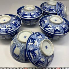 中国美術 倣古 青花 山水人物紋 蓋碗 祥瑞 五件 φ10.5cm 旧家蔵出