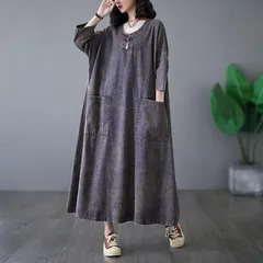 デニムワンピース ゆったり丸襟クルーネックデニムスカート レディースワンピ　大きいサイズ　マタニティ ジーンズオーバーオール　オールインワン ポケット付き  Aライン  大人可愛い上品お洒落着痩せ