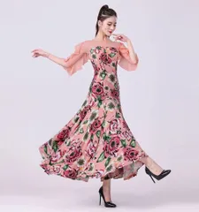 新品 未使用  新作 人気花柄スタンダードワンピース！ストレッチ素材で練習着にピッタリ！ 社交ダンスドレス ラテンダンス衣装 レッスンウェア ステージ衣装