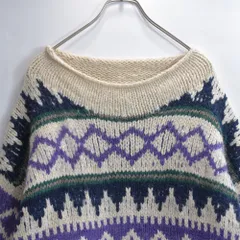 80〜90s エクアドル製 IXCHEL 幾何学模様 ボーダーデザイン ロールネック調 エクアドルニット ウール プルオーバーニットヴィンテージ ビンテージ USA アメリカ古着 メンズXL相当