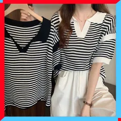 新品 ポロシャツ レディース 半袖 ボーダー 黒 ニットトップス 着やせ お洒落 春夏 【送料無料】