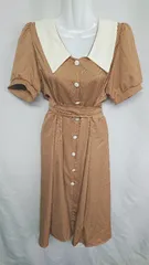 ◇ ⊂ ◎●未使用● GRL 襟付き ウエスト紐付き 半袖 ロング丈 ワンピース サイズF ブラウン ホワイト レディース E  【1410100011384】