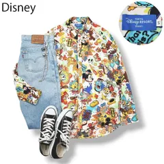【美品】 【ド派手】 ディズニー リゾート Disney キャラクター 長袖 B.Dシャツ S 総柄 ホワイト メンズ レディース ユニセックス 男女兼用