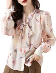 J-Scott 花柄ボウタイブラウス シフォン素材 カワイイ オシャレトップス JS77-WH-L(ホワイト,  L)