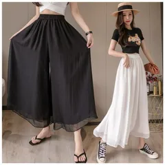 ガウチョパンツ ワイドパンツ レディース シフォン 裾プリーツ リブフレアパンツ ガウチョ パンツ ボトムス スカーチョ ゆったり haohout09 