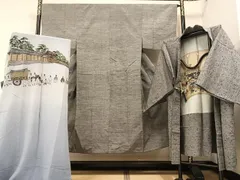 平和屋着物●男性　紬　アンサンブル　羽織・長襦袢(袷)セット　色無地　灰色　正絹　逸品　AAAY5930ph