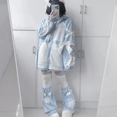 ⭐️3点セットアップ⭐️ 天使界隈　水色界隈　サブカル　服　地雷系 パーカー セットアップ 水色 ホワイト リボン クロス 原宿系 病みかわいい 地雷女子 ゆるだぼ 量産型 ロリータ系 ファッション 韓国風 コスプレ　ジャージ　パーカー