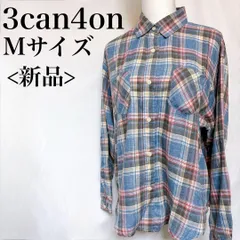 新品 サンカンシオン 青系チェック柄 長袖ネルシャツ ボタン オーバーサイズ M used in Japan