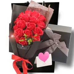 [Capiner] ソープフラワー 花束 結婚記念日 結婚祝い クリスマス 薔薇 プレゼント ギフト 造花 花 誕生日 還暦 母の日 父の日 メッセージカード ショップバッグ付（18本）(レッド) [レッド]