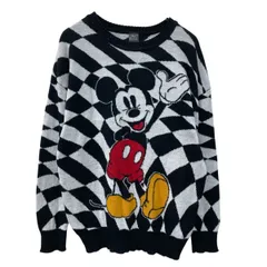 Disney MICKEYMOUSE コットンニット セーター M ブラック ディズニー ミッキーマウス アーガイル柄 ダイヤ柄 キャラクター 秋物 a710-5438