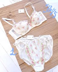 白地ピンク花柄ブラジャーB75,ショーツ(紐)L 2点セット R4244